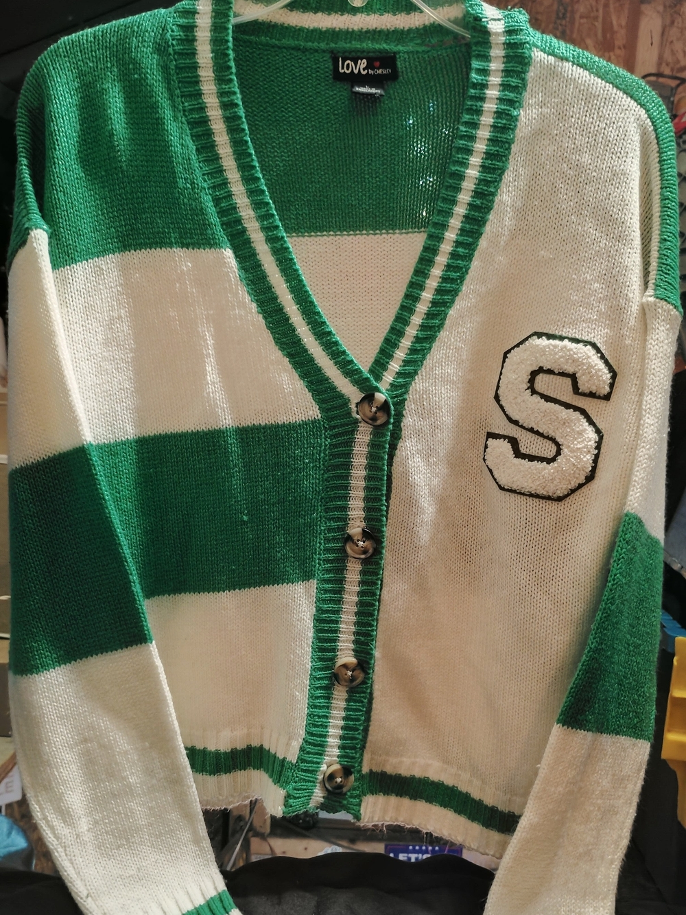LOVE by Chelsey Green & White Striped Varsity Letterman Cardigan Sz. L